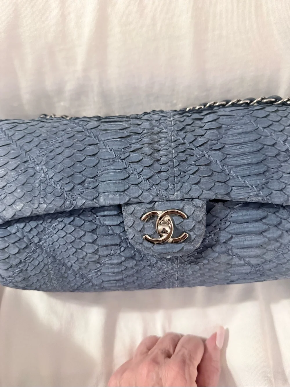 CHANEL Blue Python Double Flap Shoulder Bag